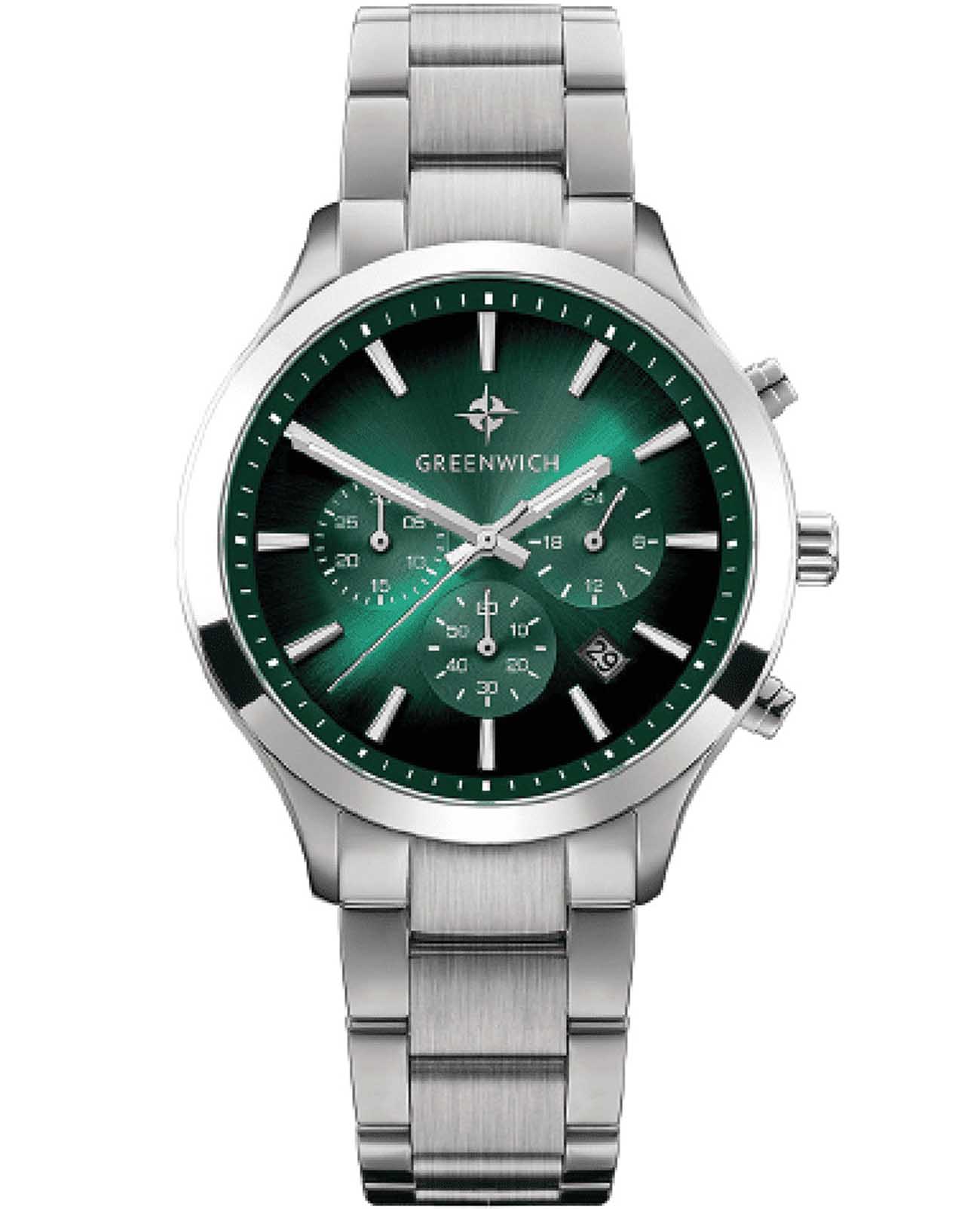 Greenwich Greenwich Skipper GW 043.10.37  GW 043.10.37 кварцевые мужские часы зеленый циферблат, браслет нержавеющая сталь — вид спереди